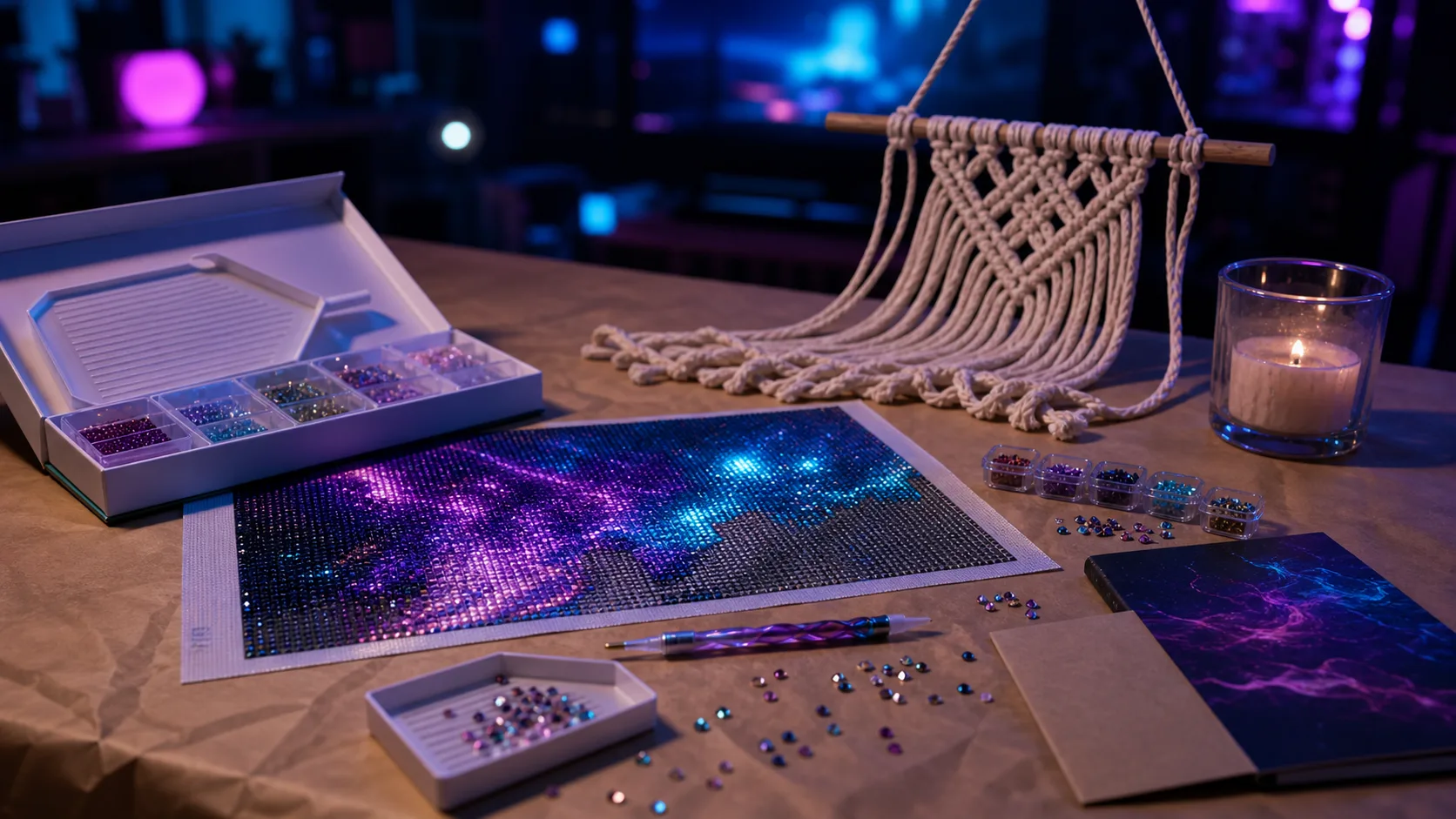 Activité créative adulte : kit DIY broderie diamants sur table