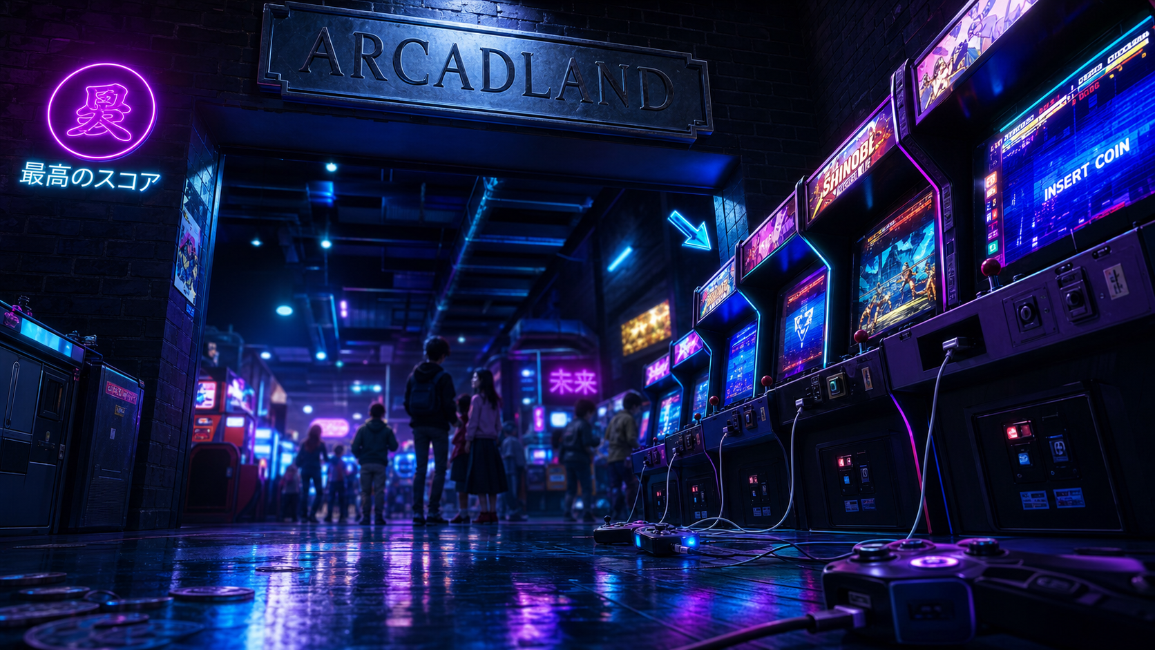 Arcadland : salle d’arcade rétro avec bornes et néons
