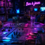 Bar à jeux : table de jeu, dés et cartes en ambiance sombre