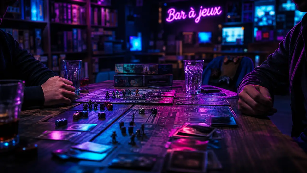 Bar à jeux : table de jeu, dés et cartes en ambiance sombre