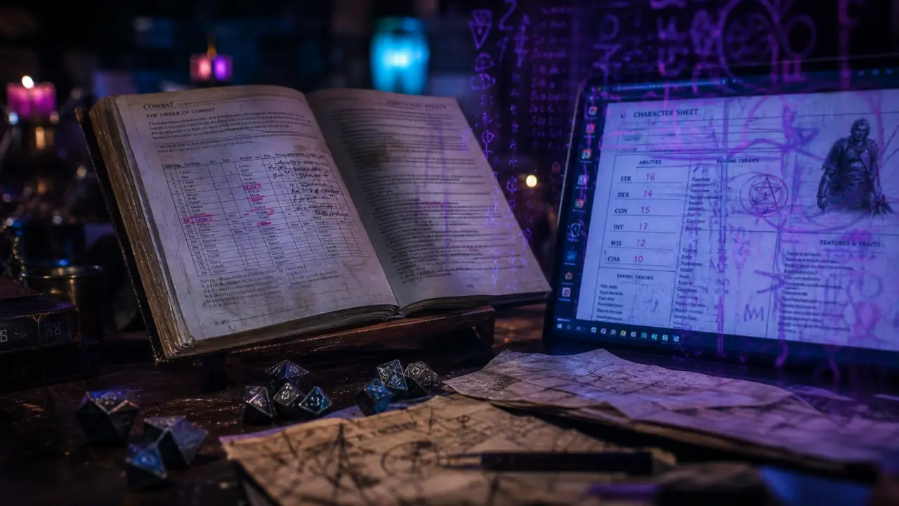 Image DnD 2024 : manuel, dés et fiche de personnage