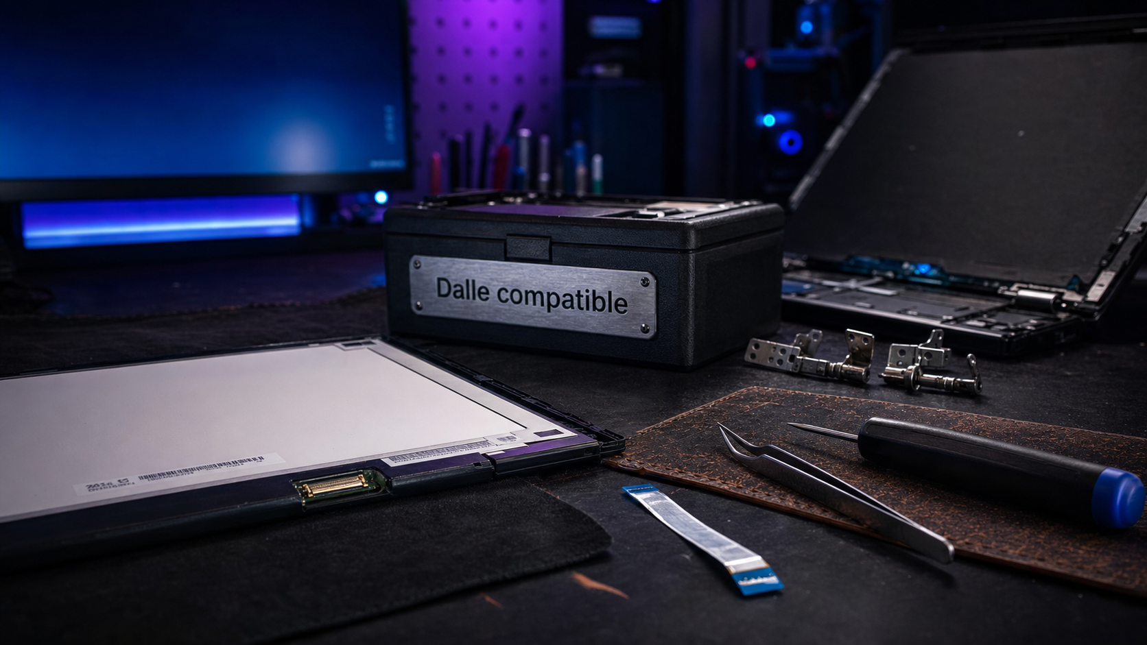 Ecran dalle pc portable compatible, connecteur eDP visible sur établi sombre