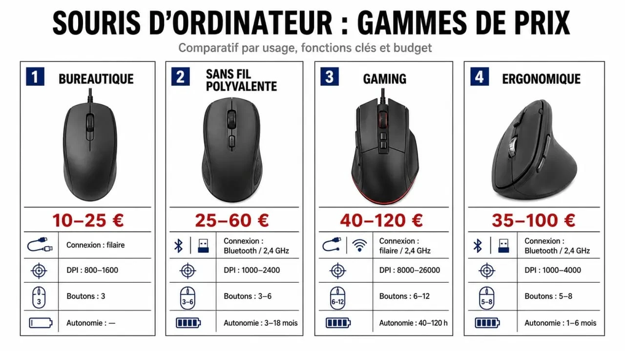 Comparatif des souris ordinateur prix par type de souris et fonctionnalités
