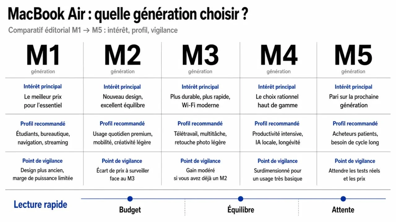 MacBook Air avis : infographie comparative des générations M1 à M5