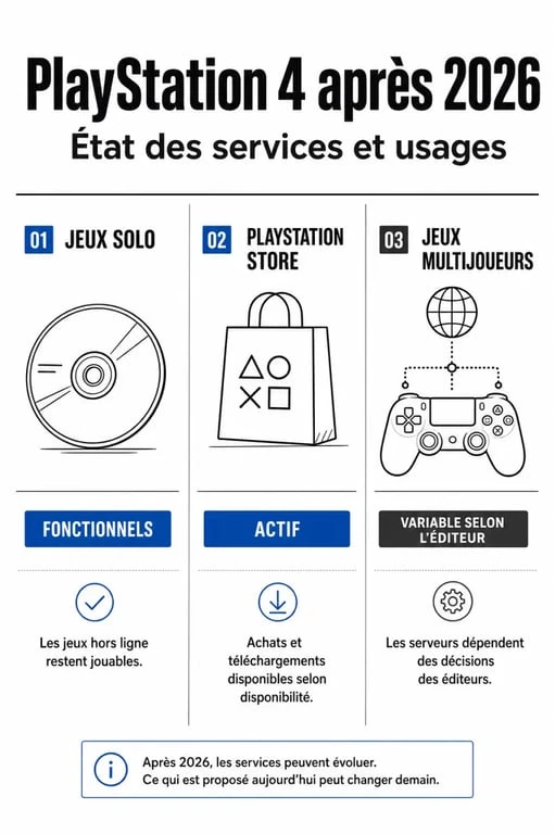 Infographie récapitulative du statut des services PlayStation 4 après la fermeture serveur PS4 : jeux solo, Store et multijoueurs.