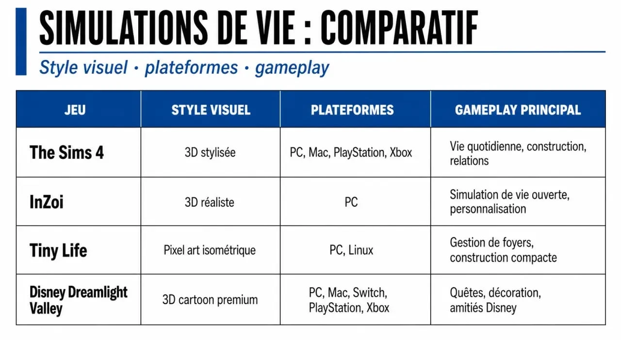 Tableau comparatif des meilleurs jeux de simulation de vie comme Les Sims