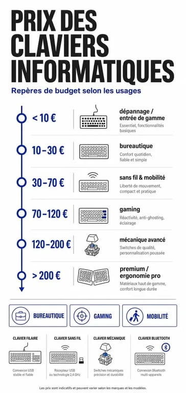 Infographie sur le clavier prix avec les tranches de prix et les usages recommandés