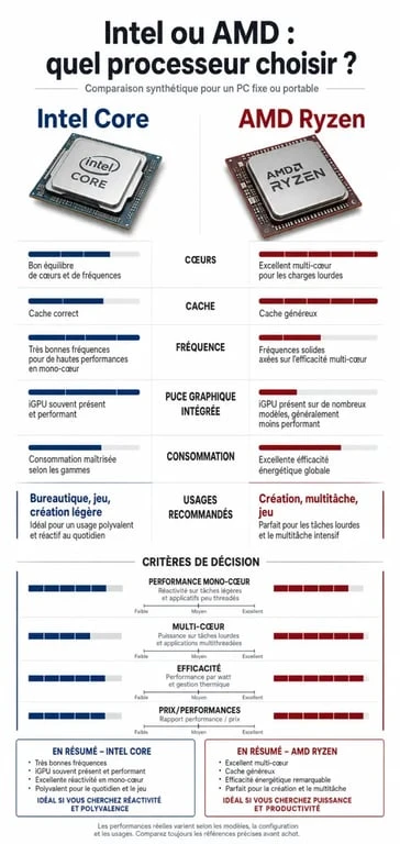 Intel ou AMD processeur : infographie comparative des cœurs, cache, iGPU, consommation et usages recommandés