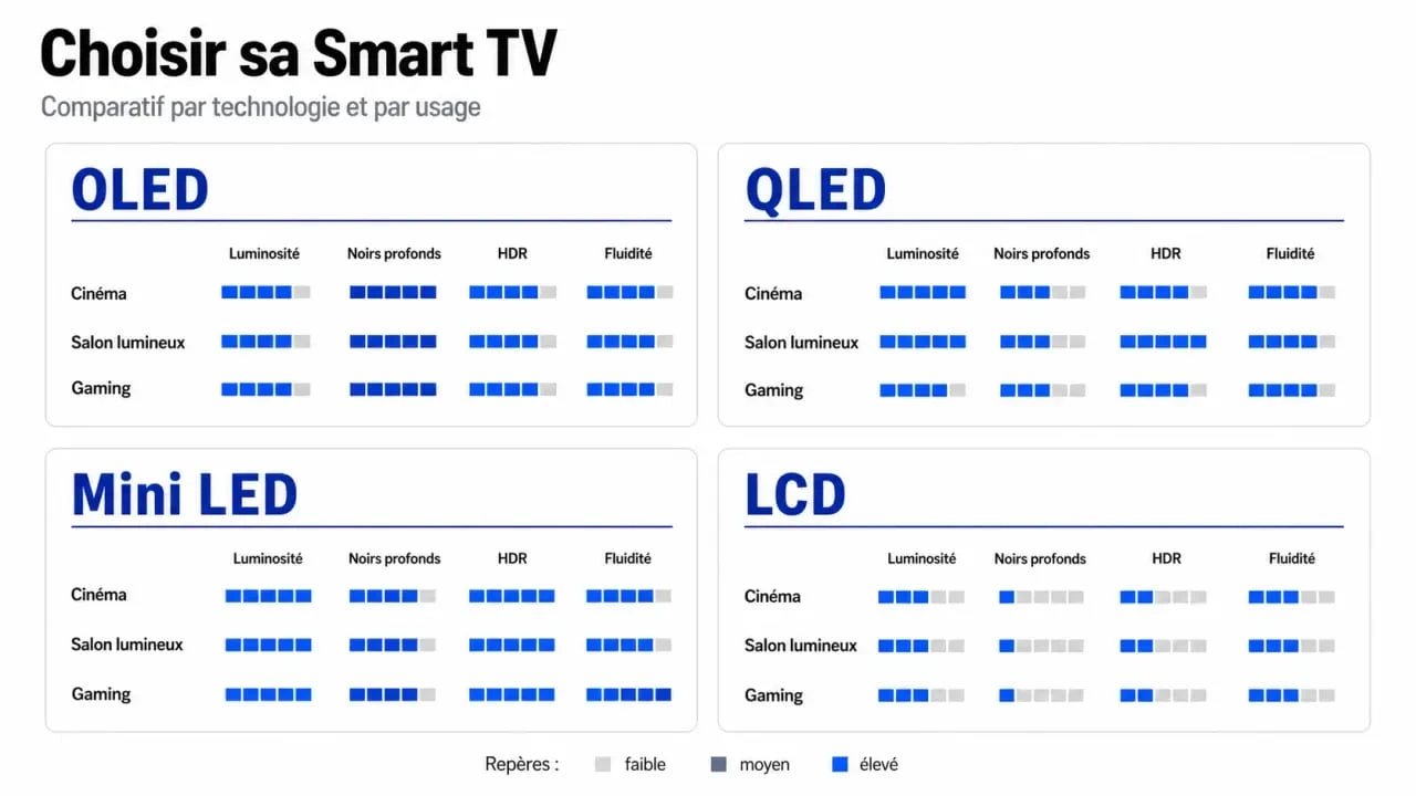 Meilleur smart tv : comparaison visuelle des technologies OLED, QLED, Mini LED et LCD selon l’usage