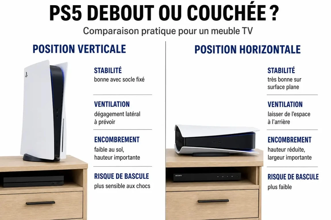 PS5 debout ou couché : comparaison visuelle entre position verticale et horizontale