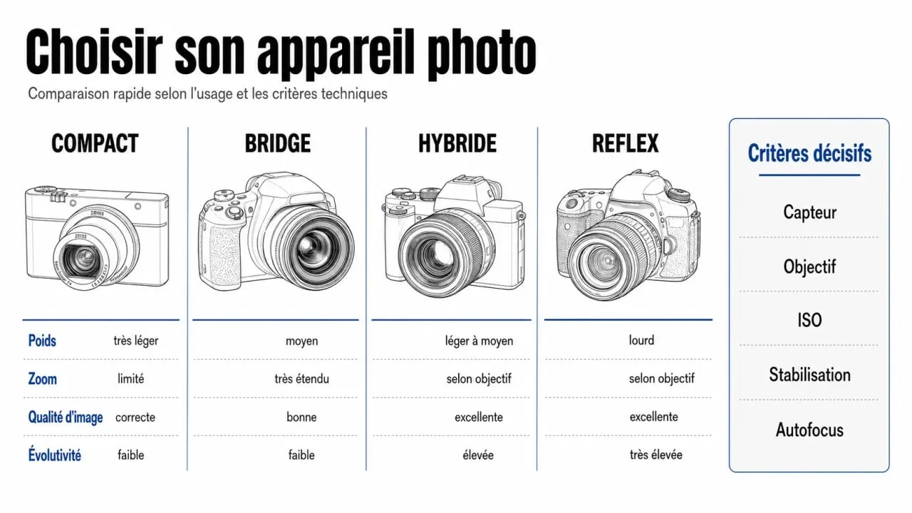 Appareil photo quel choisir : comparaison visuelle entre compact, bridge, hybride et reflex