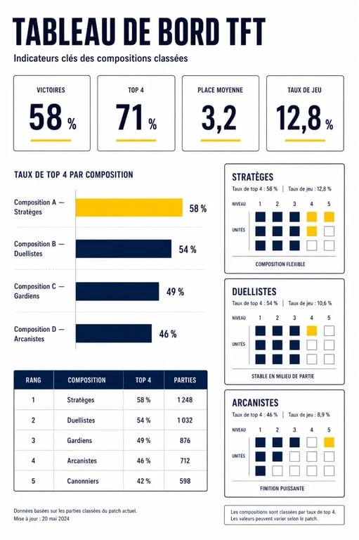 Statistiques TFT : tableau de bord comparatif des win %, top 4 %, place moyenne et play rate