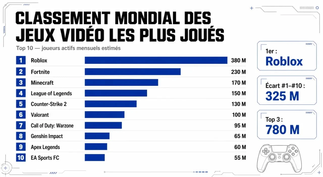 Top 10 des jeux les plus joué au monde en classement comparatif visuel