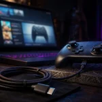 Manette switch pro sur pc branchée en USB, écran Steam en arrière-plan