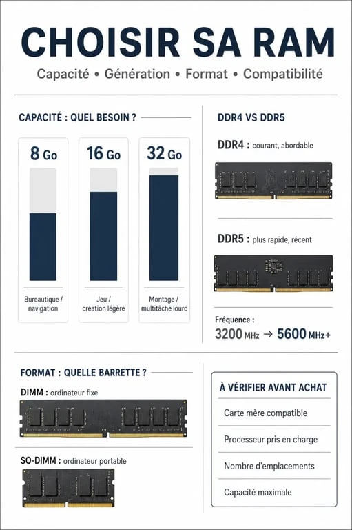 Quelle ram choisir : comparatif visuel des capacités, générations DDR, formats et compatibilité