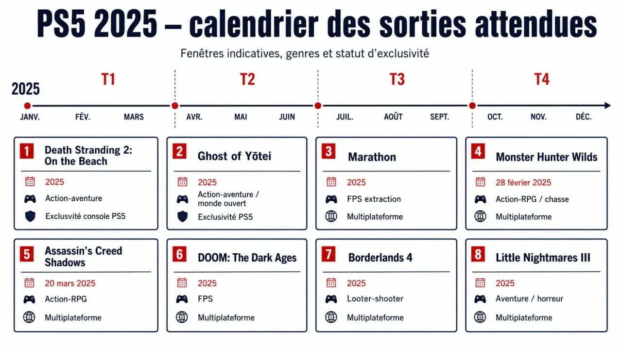 Infographie jeux ps5 2025 avec calendrier des sorties, genres et exclusivités