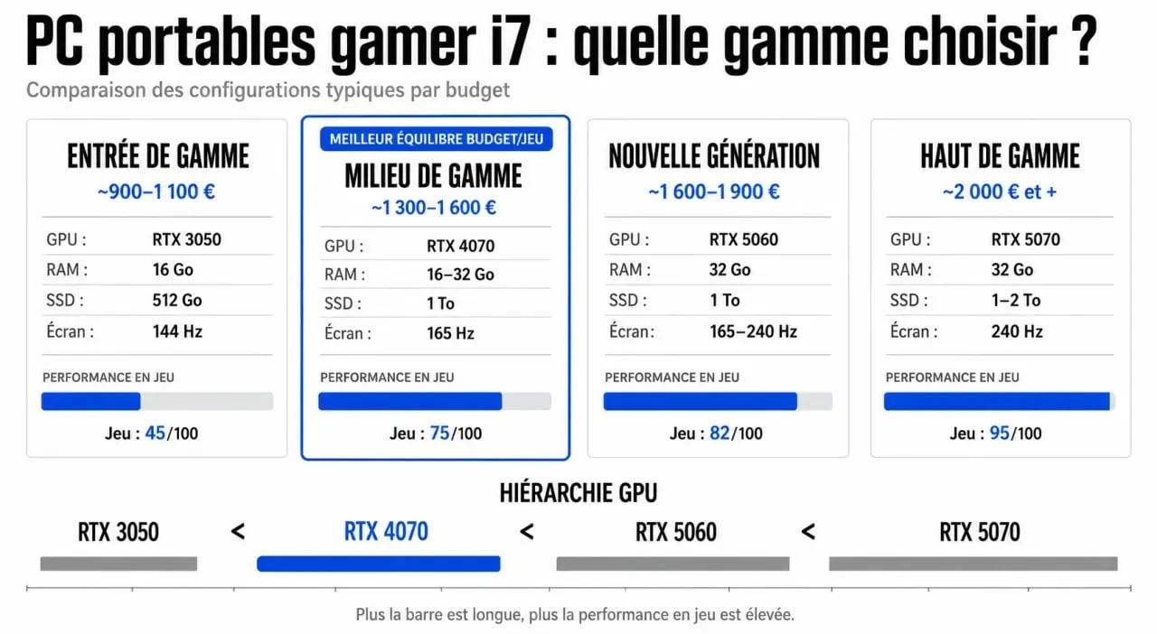Infographie comparative pc portable gamer i7 par gamme de prix, GPU, RAM, SSD et fréquence d’écran