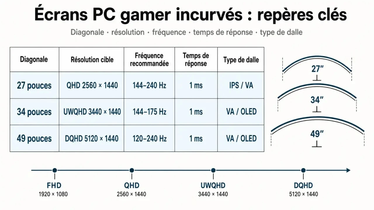 Infographie comparative pour choisir un ecran pc gamer incurvé selon la taille, la résolution, la fréquence et la dalle