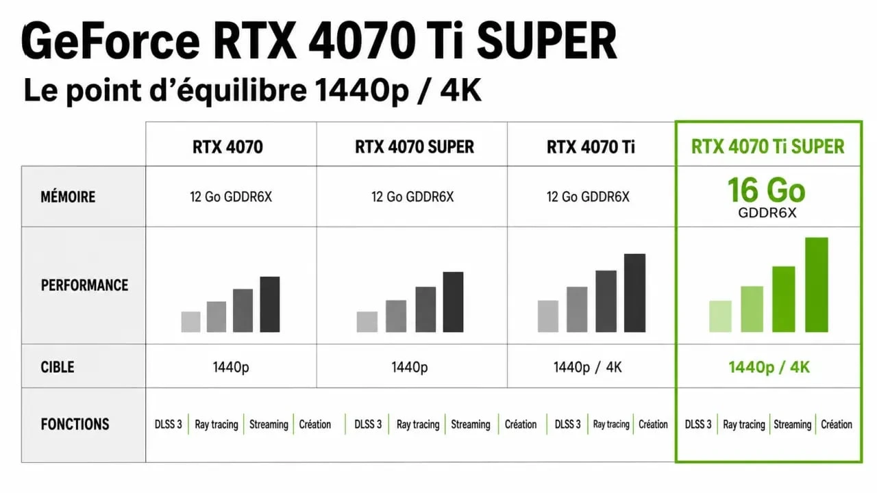 Infographie GeForce RTX 4070 Ti SUPER comparée aux RTX 4070, RTX 4070 SUPER et RTX 4070 Ti