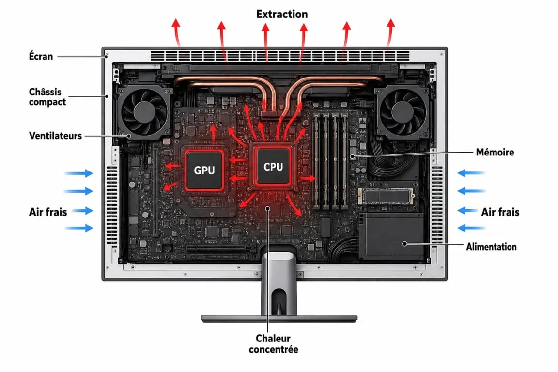 Schéma du refroidissement d’un pc tout en un gamer et de ses limites thermiques