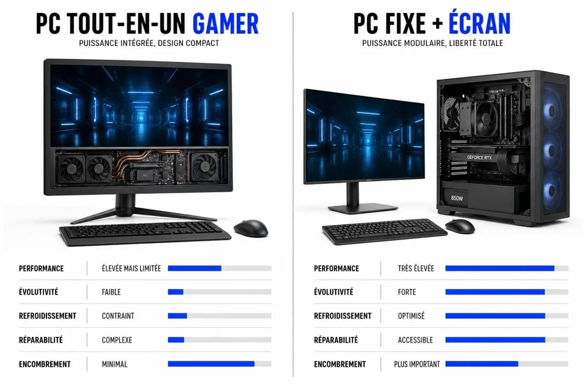 Comparatif pc tout en un gamer et PC fixe + écran avec performances, refroidissement et évolutivité
