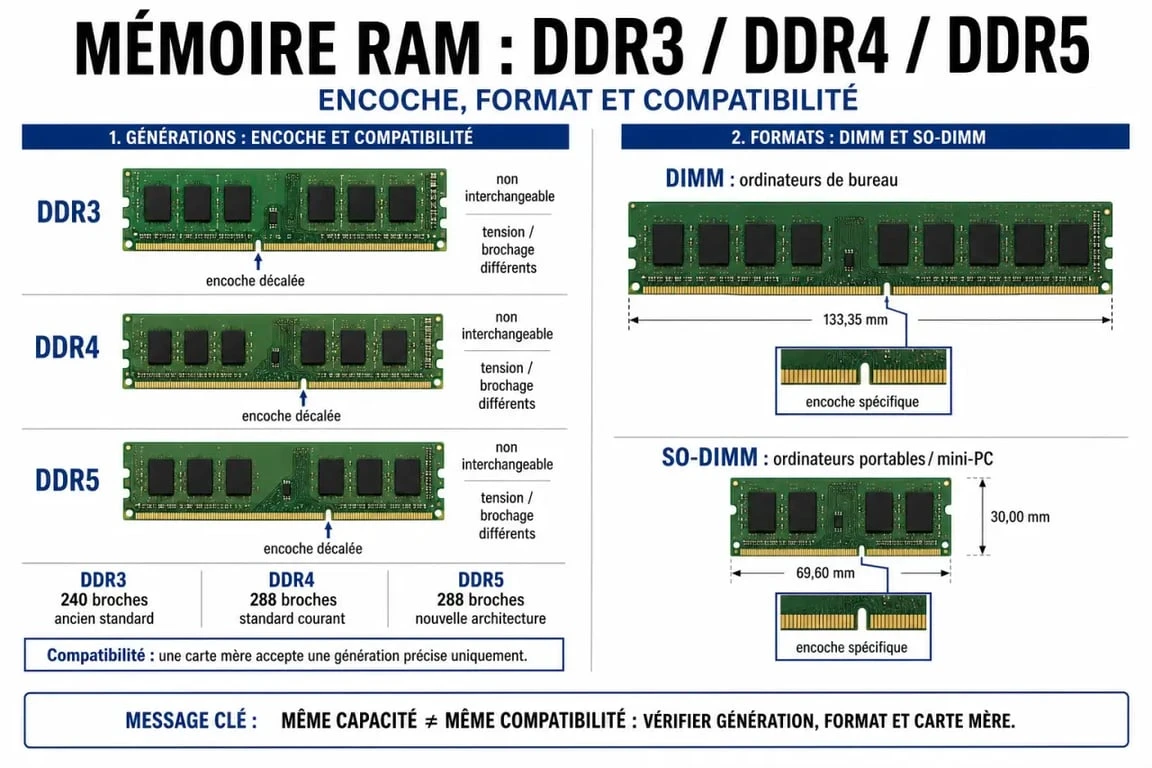 Augmenter la RAM de son PC : comparaison des formats DDR3, DDR4, DDR5, DIMM et SO-DIMM