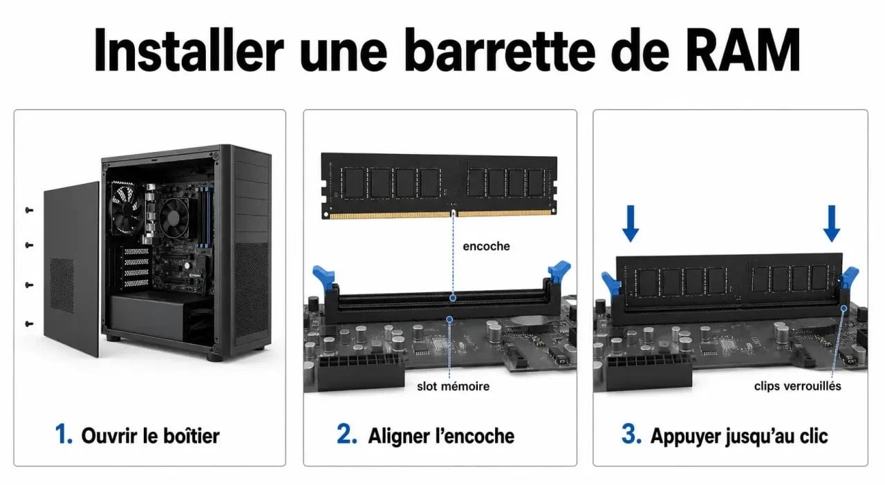 Augmenter la RAM de son PC : insertion d'une barrette dans un slot mémoire