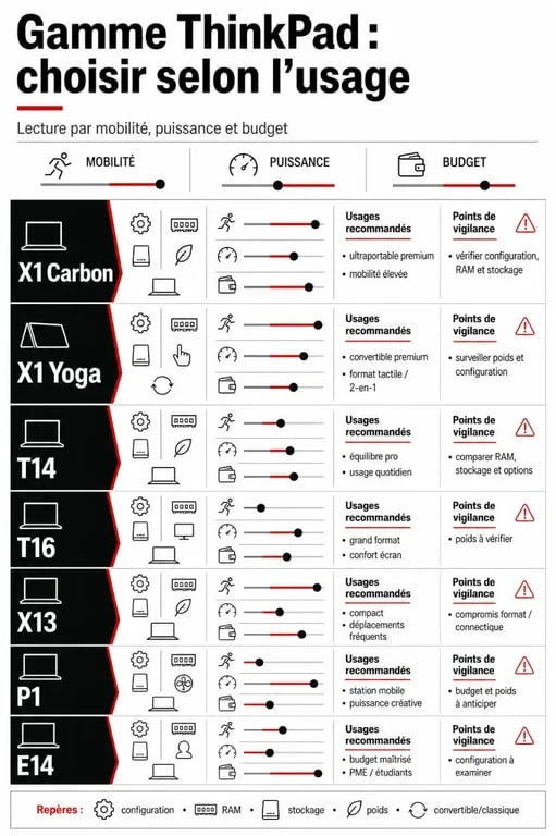 Infographie comparative des ThinkPad Lenovo et de leurs usages recommandés