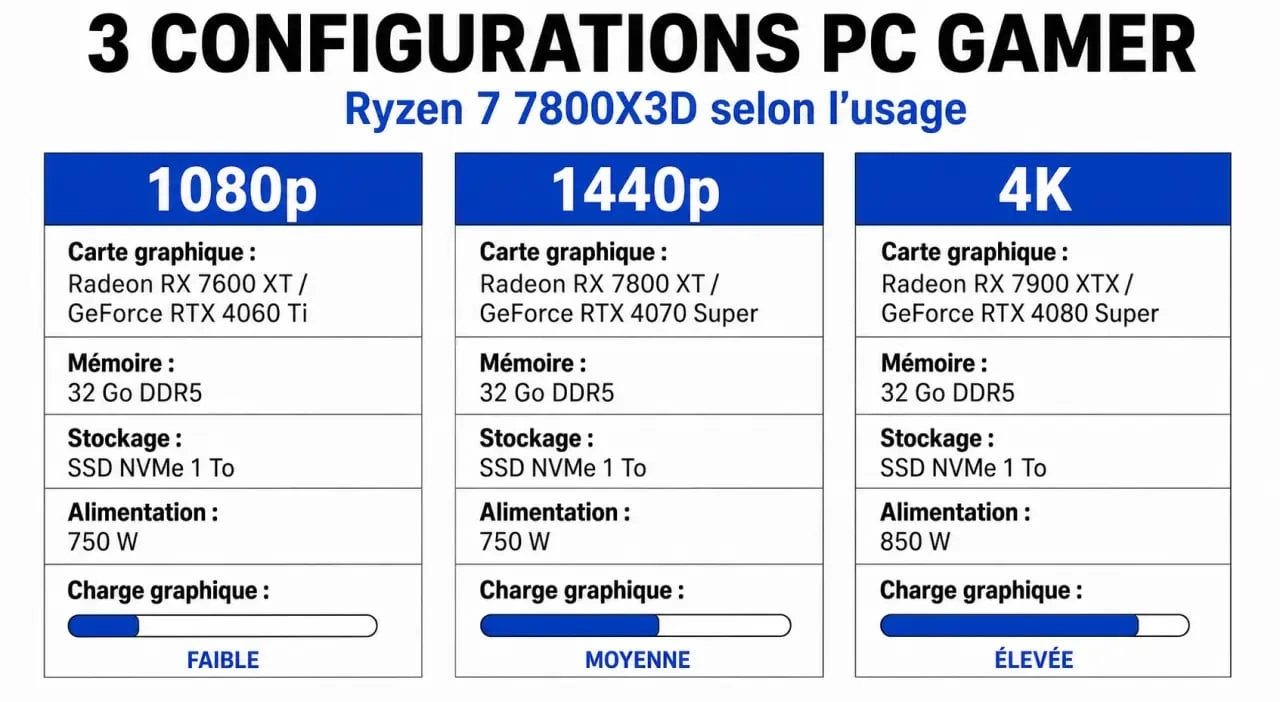 PC gamer Ryzen 7 7800X3D : infographie des configurations 1080p, 1440p et 4K
