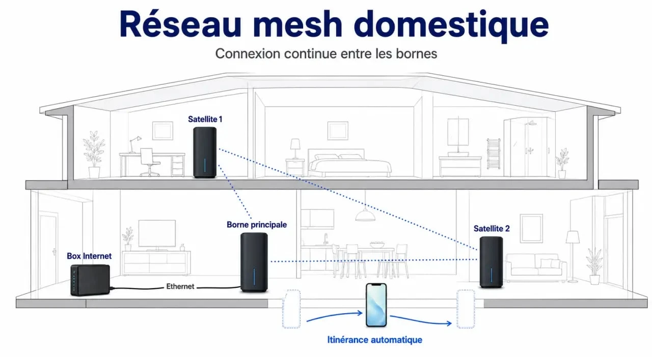 Système mesh dans une maison à deux étages avec borne principale et bornes satellites