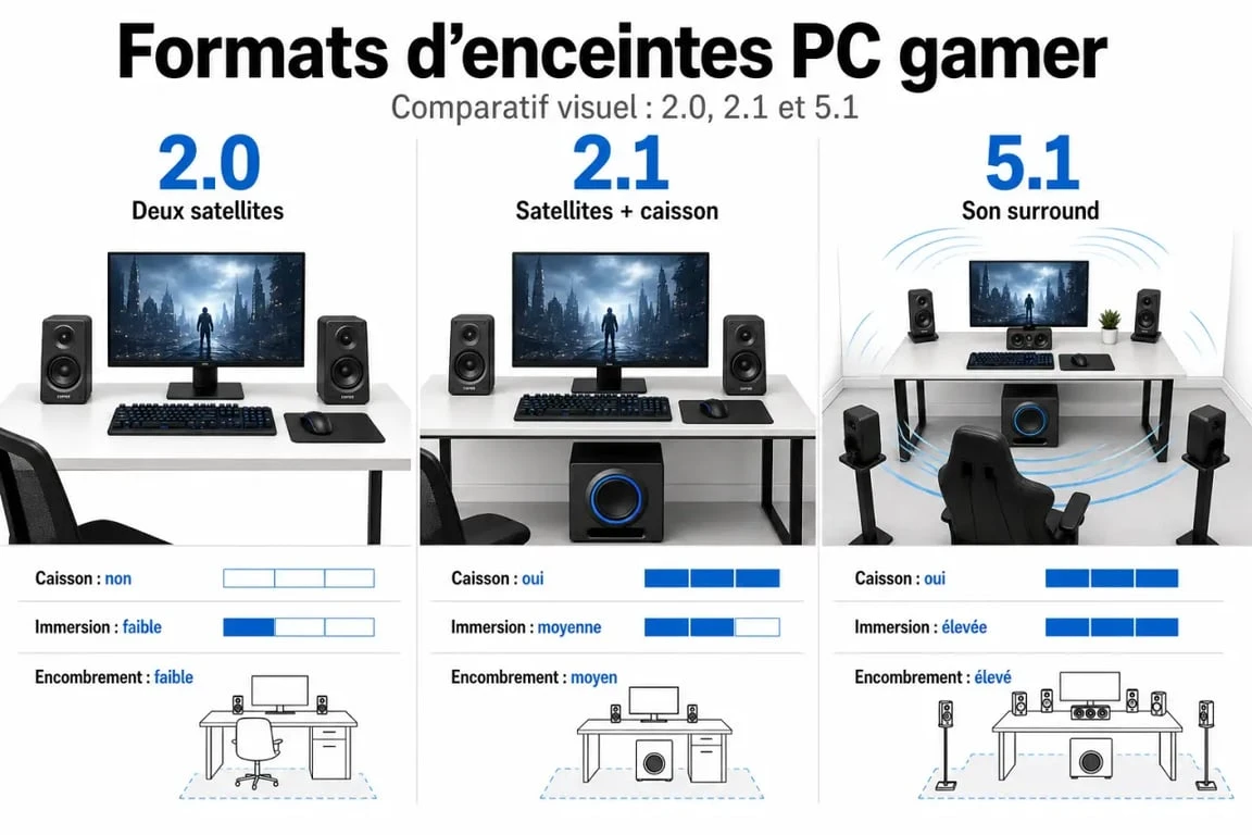 Enceinte pc gamer : comparaison visuelle des formats 2.0, 2.1 et 5.1