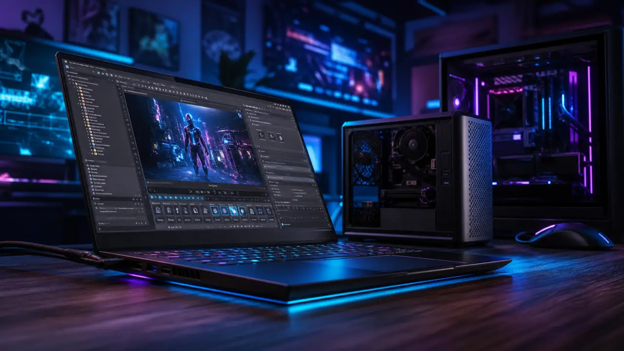 pc gamer razer Blade 16 ouvert, ventilation et interface jeu 3D