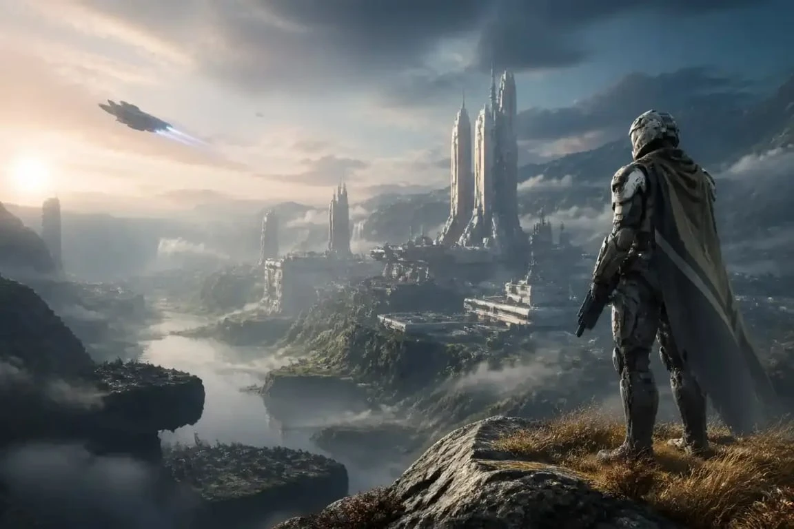 Fond d’écran PC gamer immersif avec personnage de science-fiction