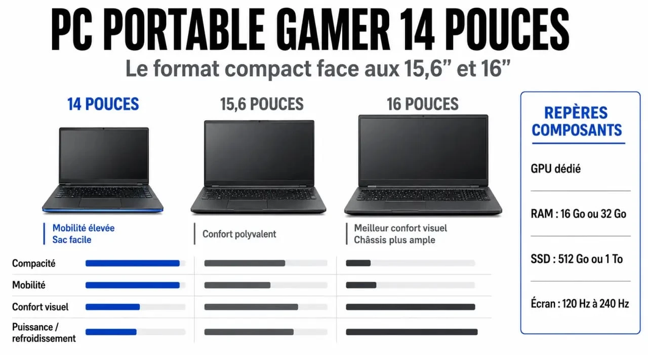 Infographie comparative pc portable gamer 14 pouces face aux formats 15,6 pouces et 16 pouces