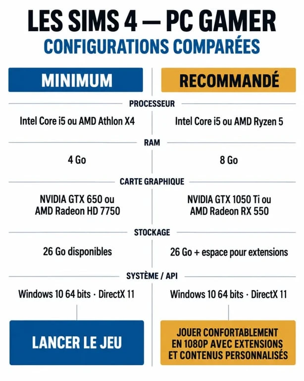 Comparatif des configurations minimum et recommandée pour un sims 4 pc gamer