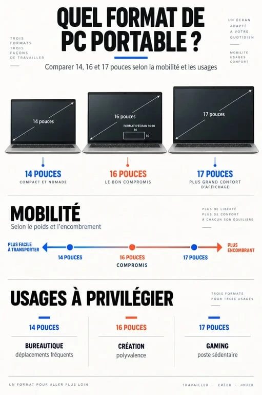 Infographie comparative pour choisir un PC portable 16 pouces selon la mobilité, l’écran et l’usage