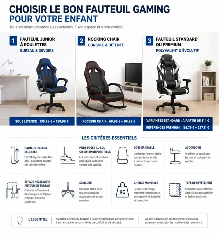 Infographie comparative pour choisir un fauteuil gaming enfant selon l’usage, les réglages et le prix