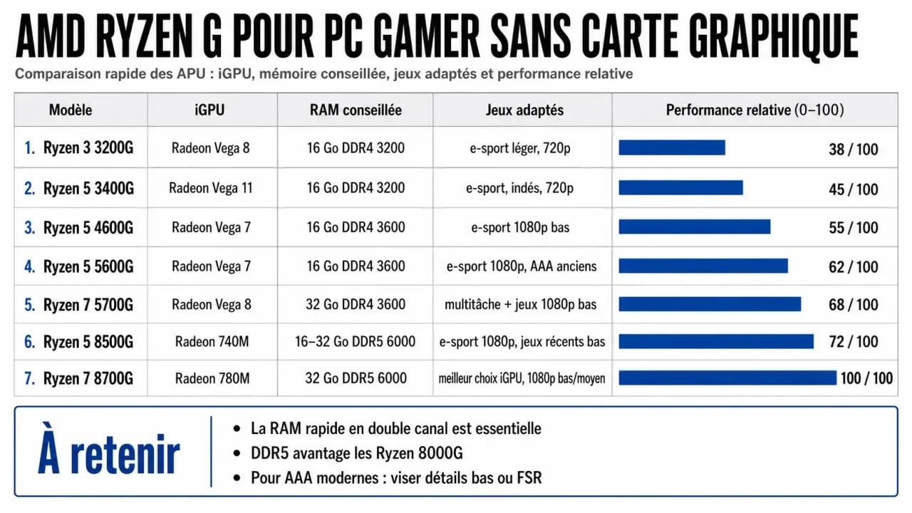 Infographie comparative pour pc gamer sans carte graphique avec Ryzen 3200G à 8700G, iGPU, RAM conseillée et jeux adaptés