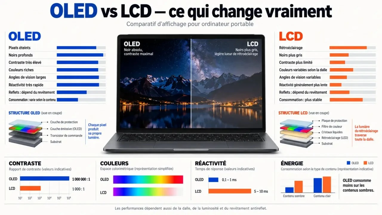 Infographie comparative d’un PC portable OLED et d’un écran LCD