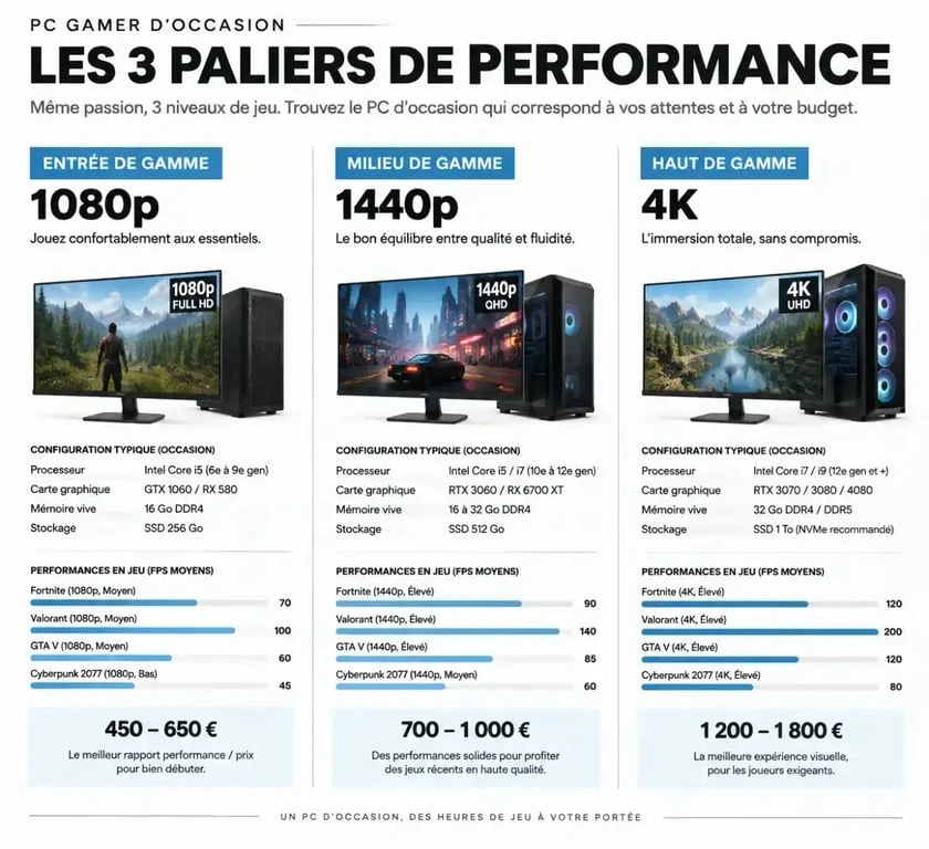 Infographie comparative des performances et budgets pour l'achat d'un PC gamer d'occasion