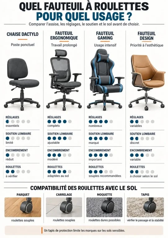 Infographie pour choisir un fauteuil bureau roulette selon l’usage, les réglages et le type de sol