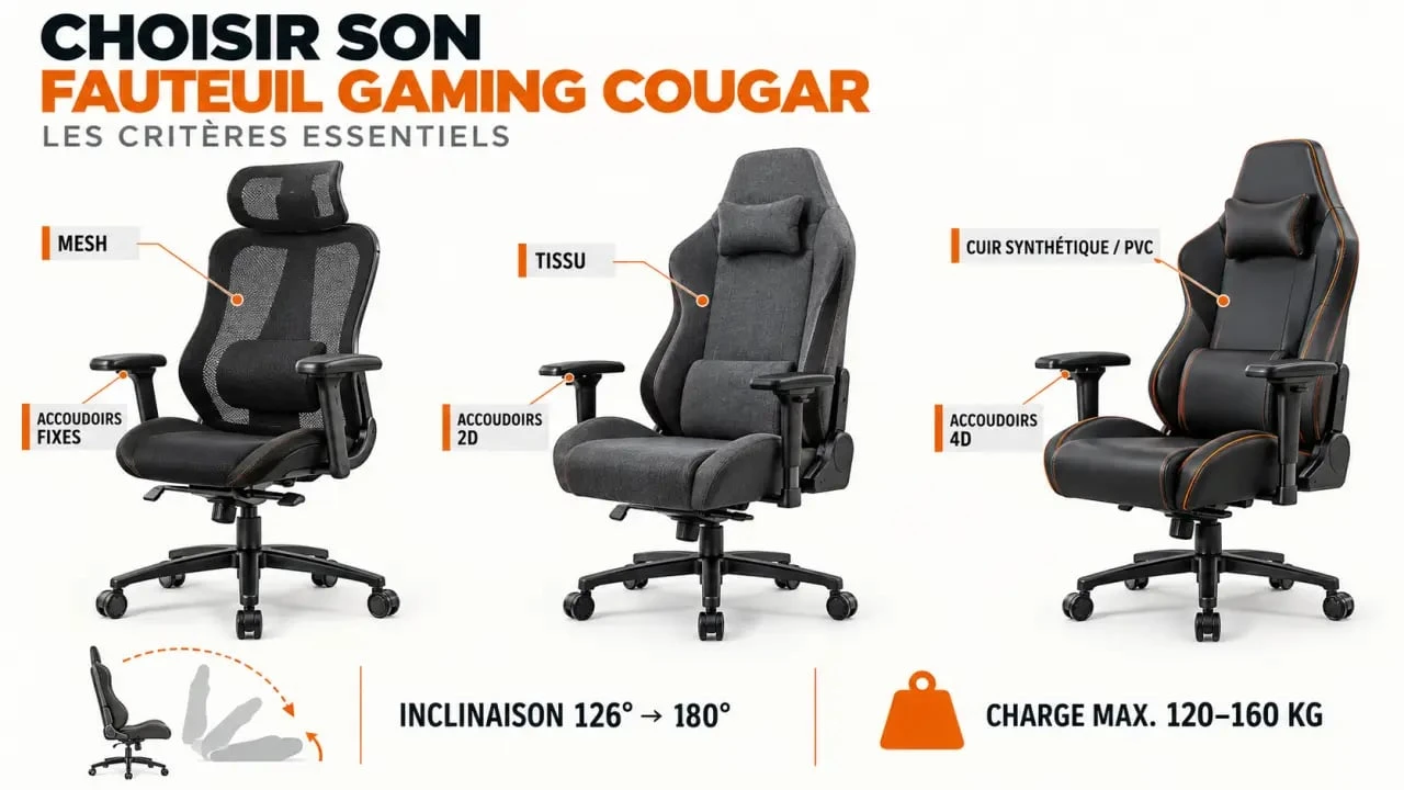 Fauteuil gaming Cougar : comparaison visuelle de l’inclinaison, des accoudoirs, des revêtements et de la charge maximale