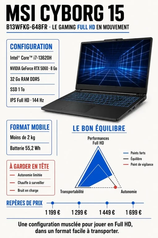 Infographie du PC gamer MSI Cyborg 15 B13WFKG-648FR avec ses caractéristiques et ses seuils de prix