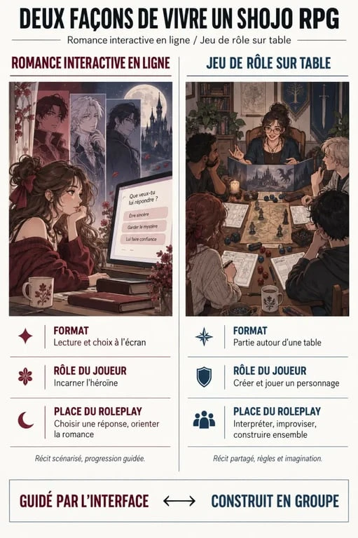 Infographie shojo RPG comparant une romance interactive en ligne et un jeu de rôle sur table