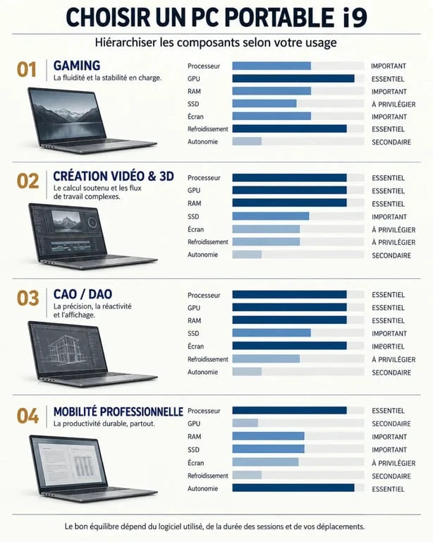 Infographie comparative pour choisir un PC portable i9 selon l’usage, le GPU, la RAM, l’écran et la mobilité