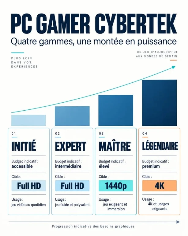 Infographie des gammes Cybertek PC gamer selon le budget et la résolution cible
