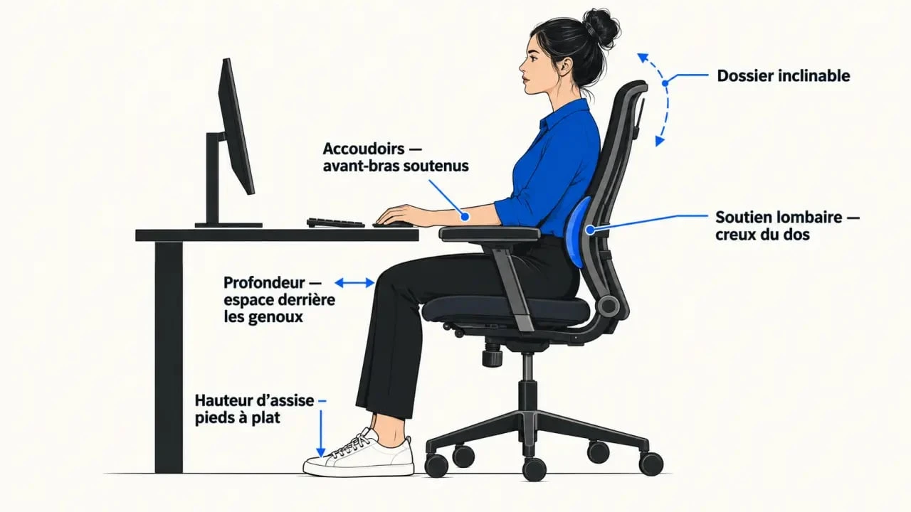 Réglages essentiels d'une chaise fauteuil de bureau ergonomique au poste de travail
