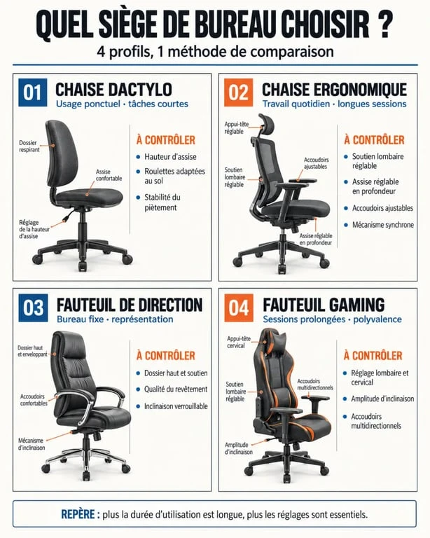 Infographie comparative d'une chaise fauteuil de bureau selon le type de siège et l'usage