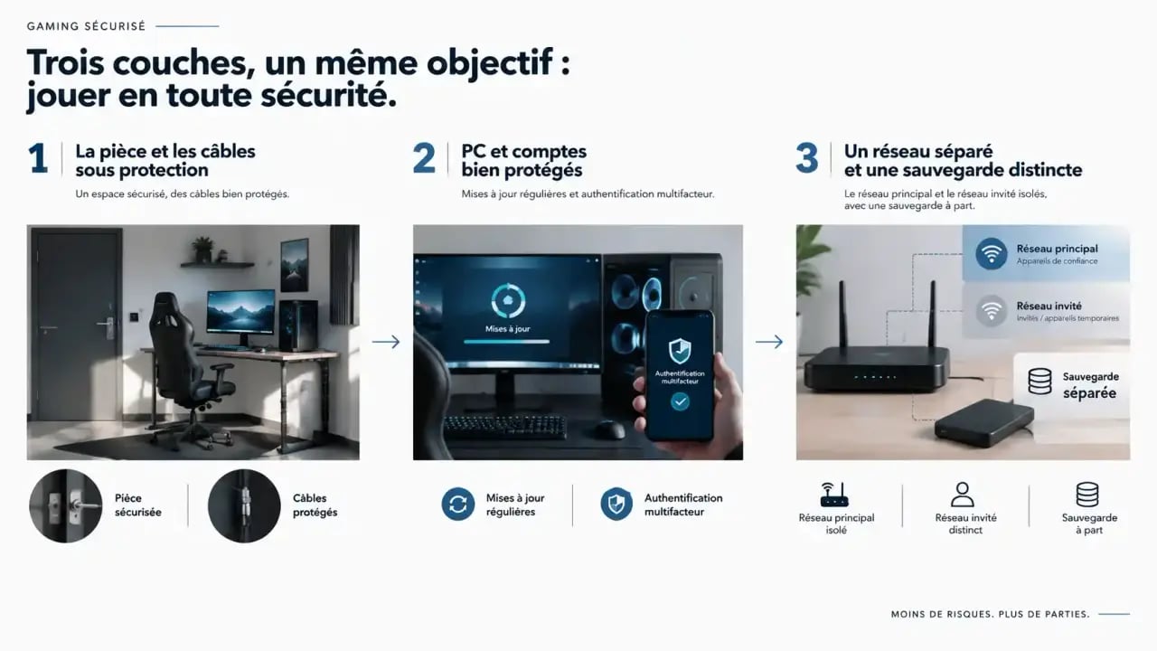 Sécuriser son setup gaming contre les intrusions physiques et numériques avec une protection de la pièce, du PC, du réseau et des sauvegardes