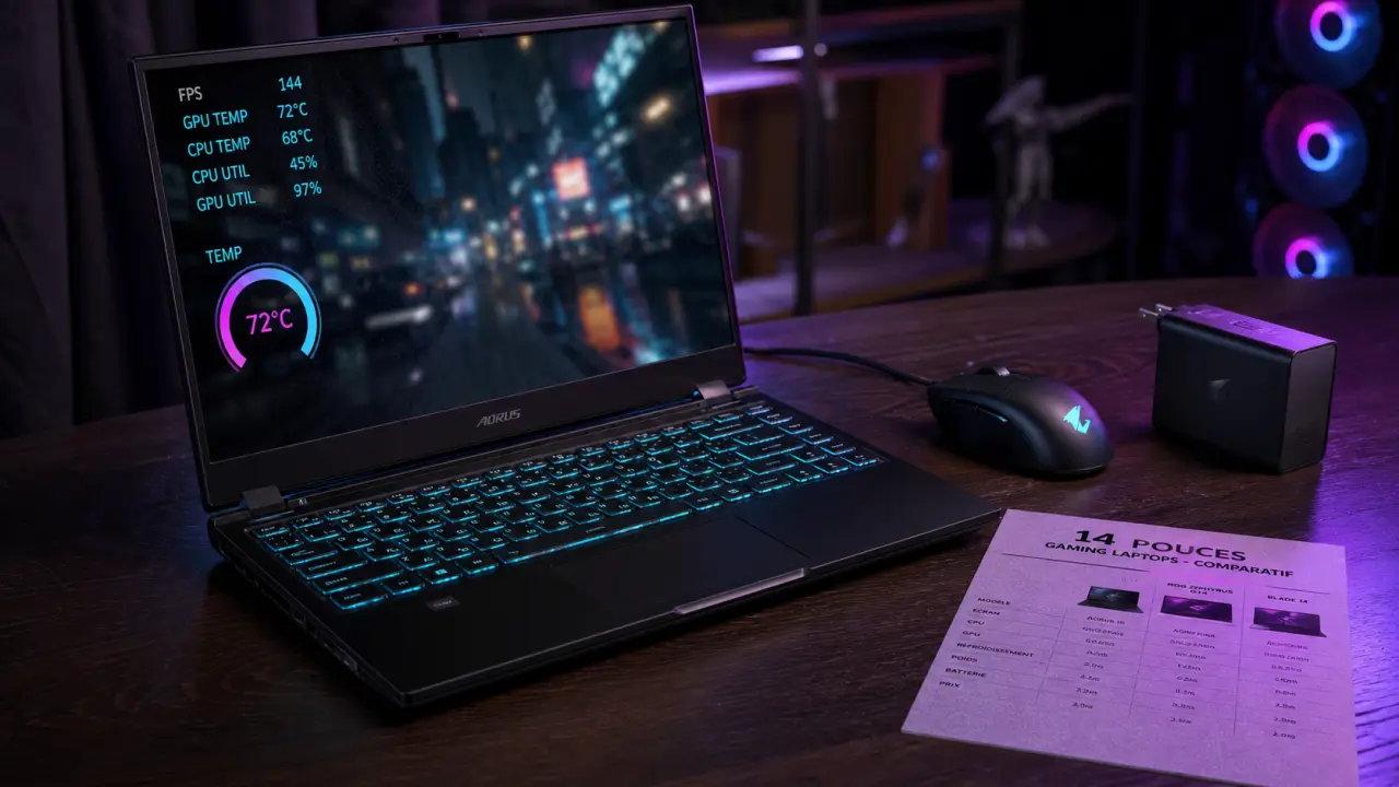 PC portable gamer 14 pouces ouvert pour jouer, clavier et écran FPS